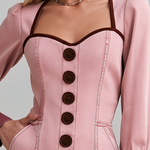 Retro Romantic Pink Sweetheart Neck Button Front Wide Leg Denim Jumpsuit