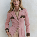 Vintage Safari Pink Contrast Trim Gold Button Tailored Denim Blazer
