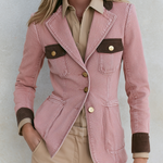 Vintage Safari Pink Contrast Trim Gold Button Tailored Denim Blazer