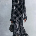 Elegant Lace-Trimmed Black Plaid Lace-Trimmed Velvet Midi Dress