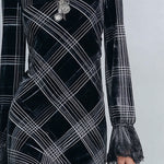 Elegant Lace-Trimmed Black Plaid Lace-Trimmed Velvet Midi Dress
