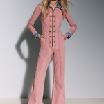 Women's Gold Button Zipper Blue/Pink Denim Flared Fleece Jumpsuit