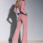Women's Gold Button Zipper Blue/Pink Denim Flared Fleece Jumpsuit