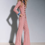Women's Gold Button Zipper Blue/Pink Denim Flared Fleece Jumpsuit