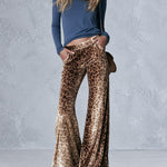 Stylish Faux-fur Collar Blue Cotton T-shirt Leopard-print Velvet Trousers Matching Set