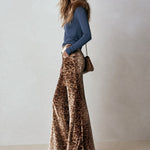 Stylish Faux-fur Collar Blue Cotton T-shirt Leopard-print Velvet Trousers Matching Set