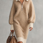 Casual Retro Color-blocked Collared Khaki Brown Knit Midi Dress