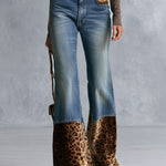 Women's High Rise Leopard Print Patchwork Flare Jeans