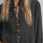 Boho Vintage Black Washed Stand Collar Ornate Button Denim Mini Dress
