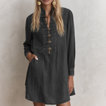 Boho Vintage Black Washed Stand Collar Ornate Button Denim Mini Dress
