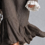 Women's Contrast-Trim Brown Herringbone Long Sleeve Midi Dress