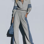 Women's Retro Sporty Denim Striped Gray Half-Zip Sweatshirt Wide-Leg Set