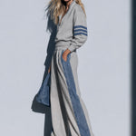 Women's Retro Sporty Denim Striped Gray Half-Zip Sweatshirt Wide-Leg Set