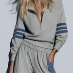 Women's Retro Sporty Denim Striped Gray Half-Zip Sweatshirt Wide-Leg Set