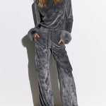 Women's Faux Fur Cuff Gray Camouflage Velvet Top And Wide-leg Cargo Pants Set