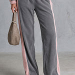 Casual Sporty Grey Lapel Zip-up Double-breasted Fleece Top And Pants Set