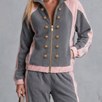 Casual Sporty Grey Lapel Zip-up Double-breasted Fleece Top And Pants Set