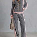 Casual Sporty Grey Lapel Zip-up Double-breasted Fleece Top And Pants Set