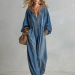 Casual Chic Oversized Leopard-Print Trim Blue Denim Jumpsuit