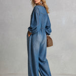 Casual Chic Oversized Leopard-Print Trim Blue Denim Jumpsuit