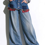Retro Plaid Frayed Hem Mini Skirt With Metal Buttons And Blue Wide-leg Jeans