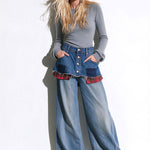 Retro Plaid Frayed Hem Mini Skirt With Metal Buttons And Blue Wide-leg Jeans