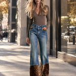 Women's High Rise Leopard Print Patchwork Flare Jeans