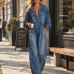 Casual Chic Oversized Leopard-Print Trim Blue Denim Jumpsuit