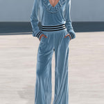 Retro Chic Dusty Blue Velvet Ruffle V-Neck Wide Leg Pants Two Piece Set