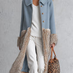 Urban Elegance Dusty Blue Wool-Blend Patchwork Faux Fur Coat