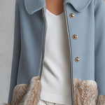 Urban Elegance Dusty Blue Wool-Blend Patchwork Faux Fur Coat