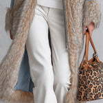 Urban Elegance Dusty Blue Wool-Blend Patchwork Faux Fur Coat