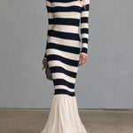 Retro-elegant Blue And White Striped Knit Patchwork Chiffon Ruffled Fishtail Maxi Dress
