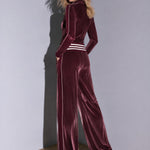 Casual Retro Burgundy Velvet Striped Button-Down Top And Wide-Leg Pants Set