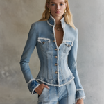 Chic Corset Fitted Frayed Trim V-Neck Light Wash Button Front Denim Jacket