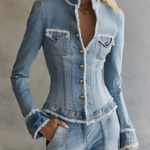 Chic Corset Fitted Frayed Trim V-Neck Light Wash Button Front Denim Jacket