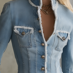 Chic Corset Fitted Frayed Trim V-Neck Light Wash Button Front Denim Jacket