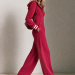Women's Raspberry Red Fleece Hooded Zip-Up Wide Leg Jumpsuit with Striped Cuffs