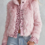Women's Leopard-print Trim Pink Faux Fur Stand Collar Cropped Coat