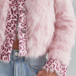 Women's Leopard-print Trim Pink Faux Fur Stand Collar Cropped Coat