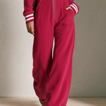 Women's Raspberry Red Fleece Hooded Zip-Up Wide Leg Jumpsuit with Striped Cuffs