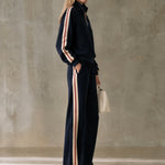 Sporty Retro Color-blocked Navy Blue Fleece Blend Top And Pants Set