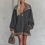 Retro Casual Brown Leopard Print Collared Ruffled Gray Cotton Mini Dress