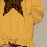Mustard Yellow Half-zip Hooded Sweatshirt Dress Featuring Leopard-print Star Appliqués And A Ruffled Hem