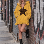 Mustard Yellow Half-zip Hooded Sweatshirt Dress Featuring Leopard-print Star Appliqués And A Ruffled Hem