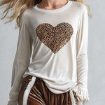 Casual-chic Leopard-print Trim Beige Heart-print T-shirt and Brown Wide-leg velvet Trousers Set