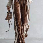 Casual-chic Leopard-print Trim Beige Heart-print T-shirt and Brown Wide-leg velvet Trousers Set