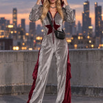 Casual Retro Color-blocked Star Gray Hooded Zip-up Velvet Jumpsuit