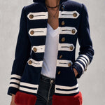 Vintage Military Navy Wool Blend Faux Fur Trim Brass Button Striped Band Jacket
