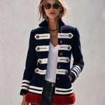Vintage Military Navy Wool Blend Faux Fur Trim Brass Button Striped Band Jacket